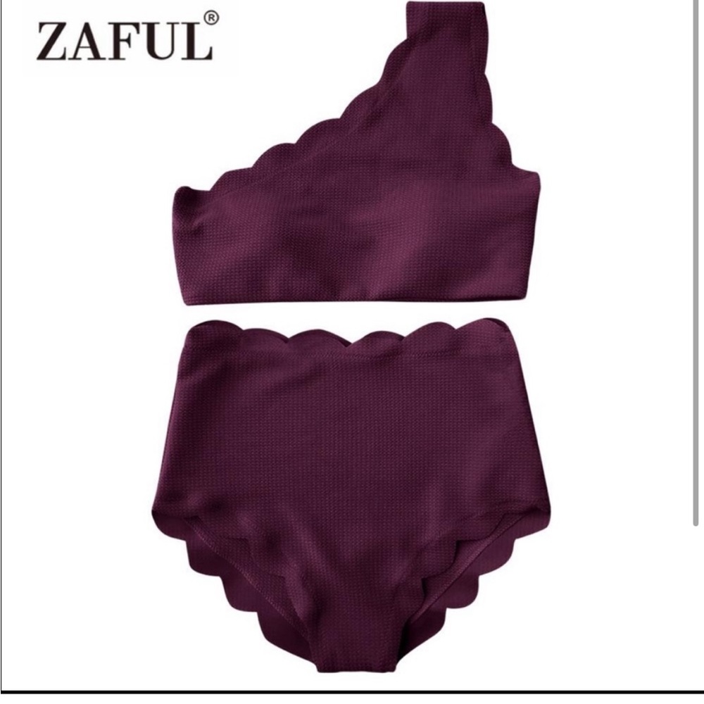 Scalloped high waist one shoulder bikini